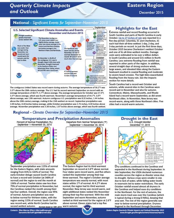 first page of two-page outlook on Quarterly Climate Impacts for the Eastern Region December 2015