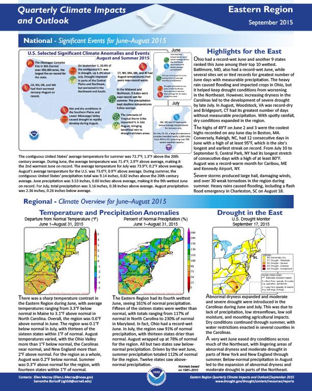 First page of two-pager showing quarterly climate impacts and outlook for the Eastern region