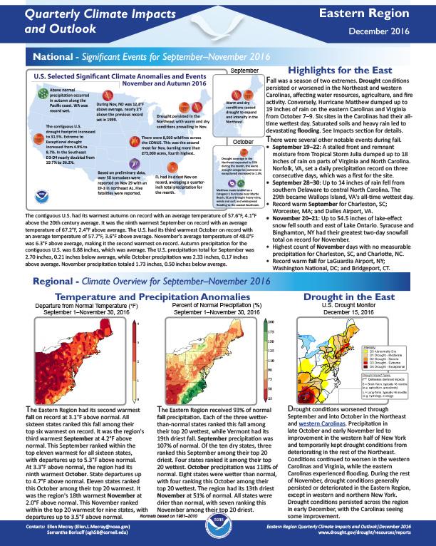 First page of outlook on Quarterly Climate Impacts for the Eastern Region, December 2016