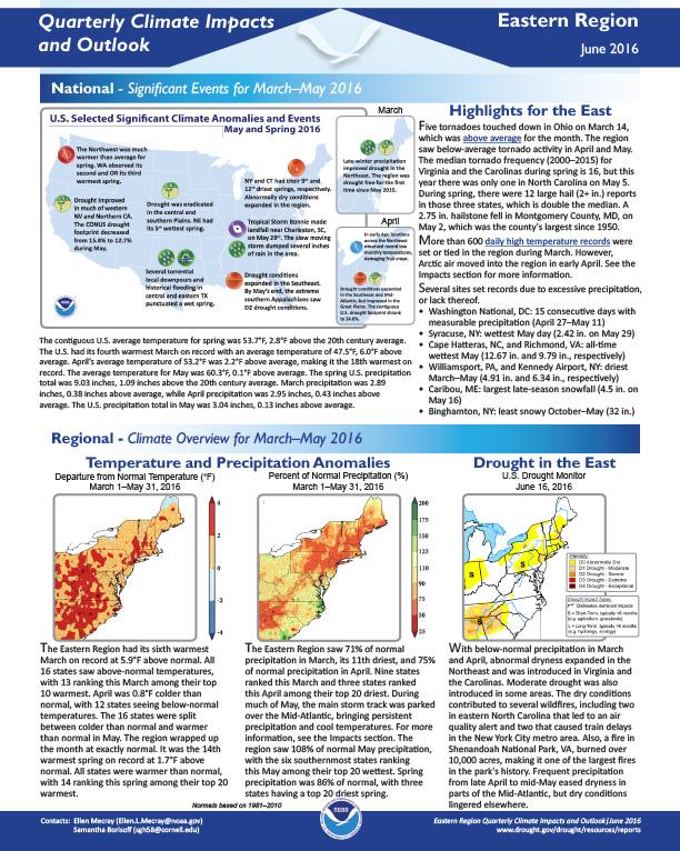 first page of outlook on Quarterly Climate Impacts for the Eastern Region, June 2016