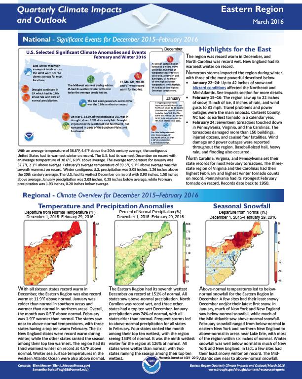 First page of outlook on Quarterly Climate impacts for the Eastern Region, March 2016