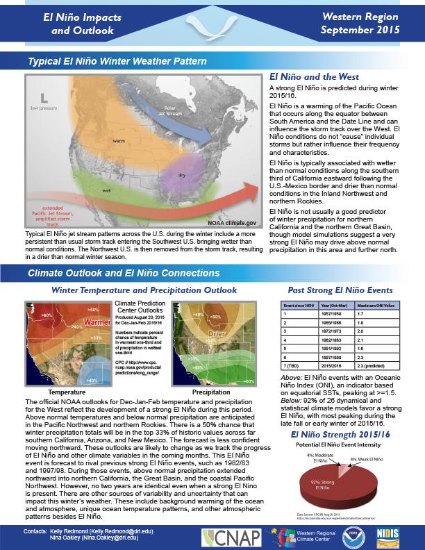 first page of two-pager depicting El Nino impacts and outlook in the Western Region, September 2015