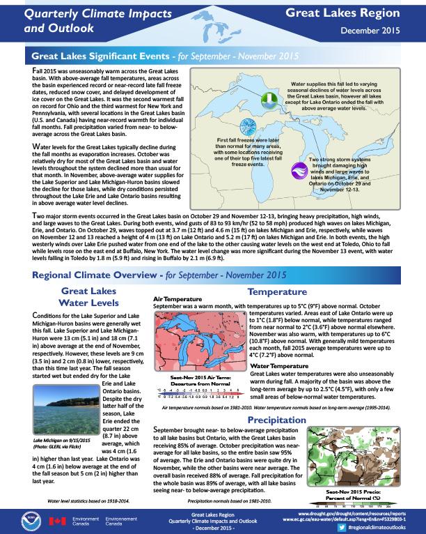 first page of two-page outlook on Quarterly Climate Impacts for the Great Lakes Region, December 2015