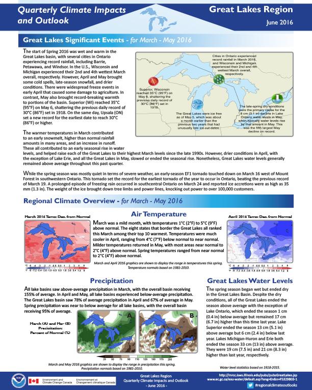 first page of outlook on Quarterly Climate Impacts for the Great Lakes Region, June 2016
