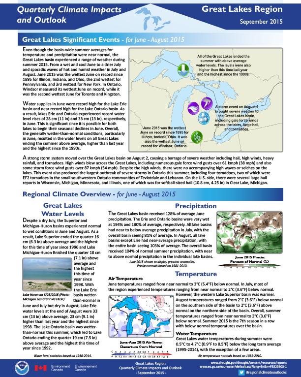 First page of two-pager showing quarterly climate impacts and outlook for the Great Lakes region