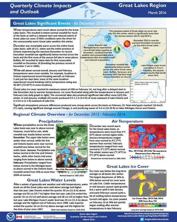 First page of outlook on Quarterly Climate impacts for the Great Lakes Region, March 2016