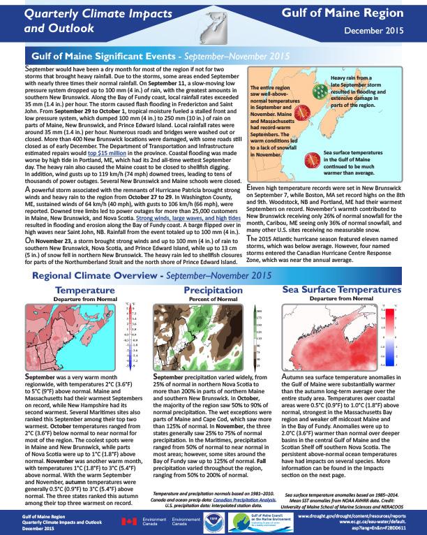 first page of two-page outlook on Quarterly Climate Impacts in the Gulf of Maine December 2015