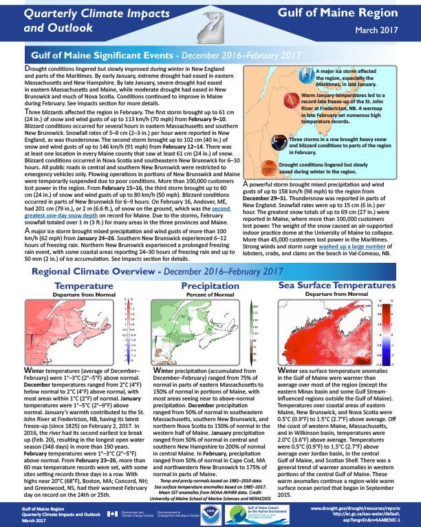 First page of outlook on Quarterly Climate Impacts for the Gulf of Maine Region, March 2017