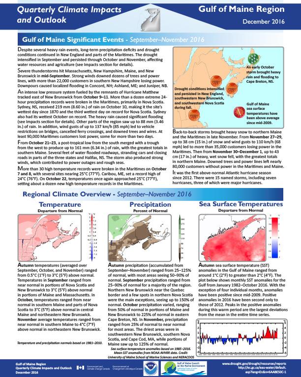 First page of outlook on Quarterly Climate Impacts for the Gulf of Maine Region, December 2016