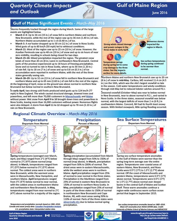 first page of outlook on Quarterly Climate Impacts for the Gulf of Maine Region, June 2016