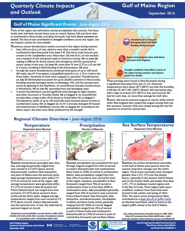 first page of outlook on Quarterly Climate Impacts and Outlook for the Gulf of Maine Region, September 2016