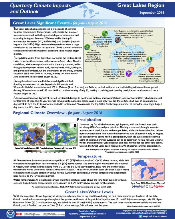 first page of outlook on Quarterly Climate Impacts for the Great Lakes Region, September 2016