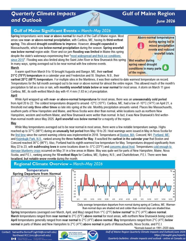 Example image of the quarterly climate impact and outlook report.