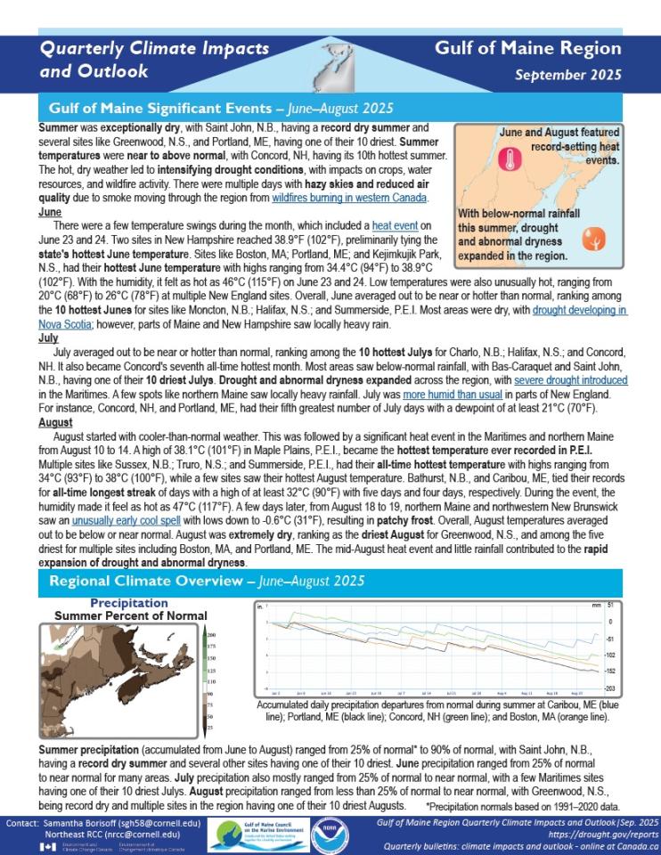 Example image of the quarterly climate impact and outlook report.