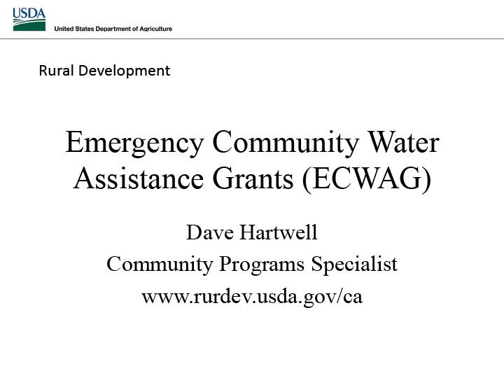 Opening slide for presentation on Emergency Community Water Assistance Grants (ECWAG)