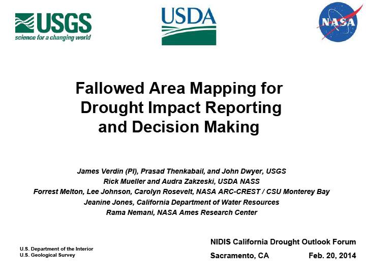 Opening slide for presentation on Fallowed Area Mapping for Drought Impact Reporting and Decision Making