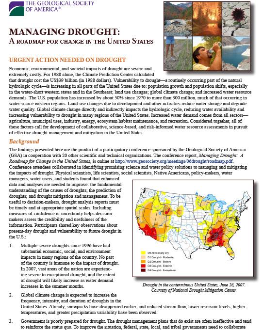 mostly text on page, map of US Drought Monitor from 2007, small images of cracked earth, reservoir, wildfire, person drinking water