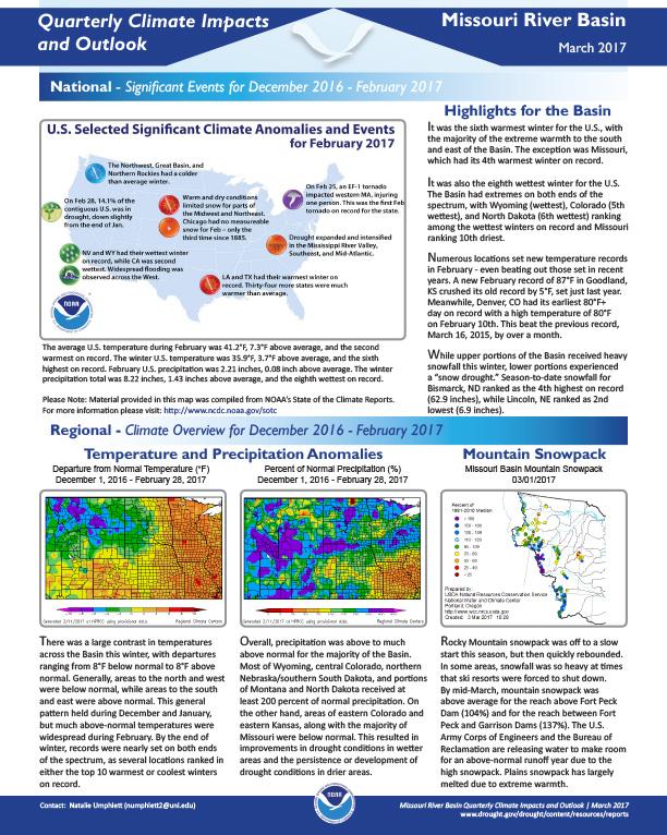 First page of outlook on Quarterly Climate Impacts for the Missouri River Basin, March 2017