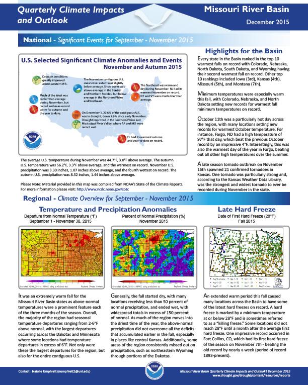 first page of two-page outlook on Quarterly Climate Impacts in the Missouri River Basin, December 2015