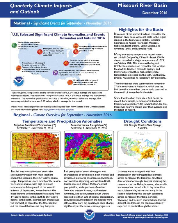 First page of outlook on Quarterly Climate Impacts for the Missouri River Basin, December 2016