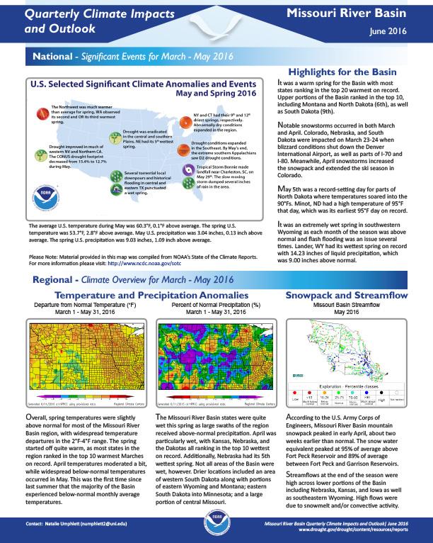First page of outlook on Quarterly Climate Impacts for the Missouri River Basin, June 2016