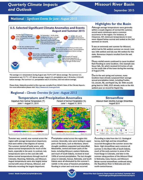 First page of two-pager showing quarterly climate impacts and outlook for the Missouri River Basin region
