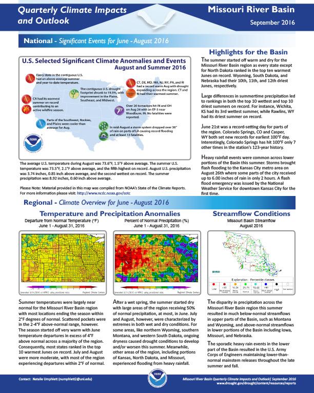 first page of outlook on Quarterly Climate Impacts and Outlook for the Missouri River Basin, September 2016