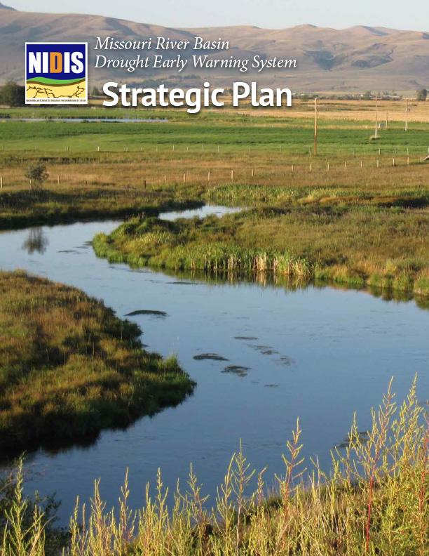 First page of report on Missouri River Basin Drought Early Warning System Strategic Plan showing the title text and NIDIS logo all on a background photo of a river in a wetlands environment