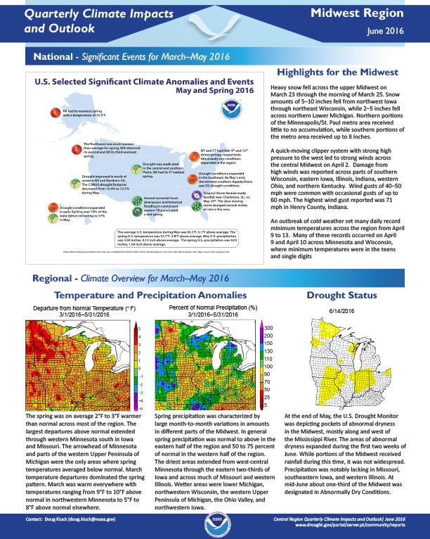 first page of outlook on Quarterly Climate impacts for the Midwest Region, June 2016
