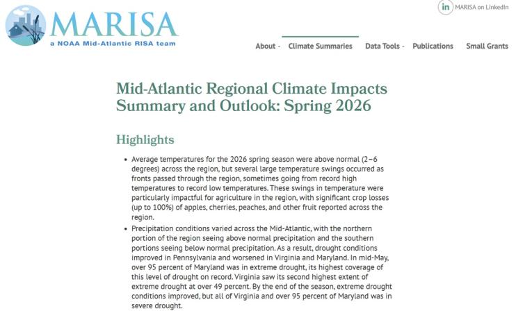 Example image of the quarterly climate impact and outlook report.