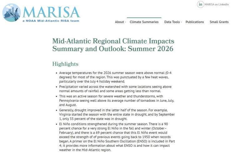 Example image of the quarterly climate impact and outlook report.
