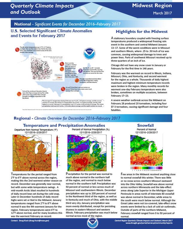 First page of outlook on Quarterly Climate Impacts for the Midwest Region, March 2017