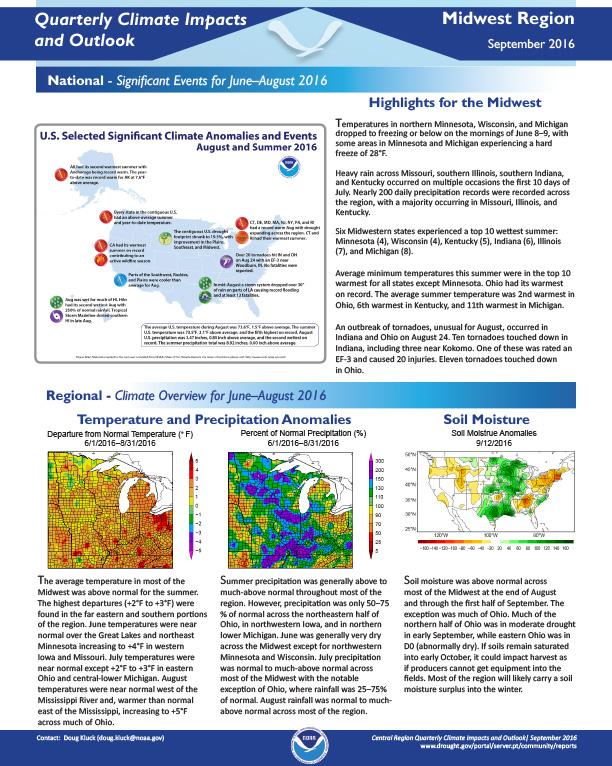 first page of outlook on Quarterly Climate Impacts for the Midwest Region, September 2016