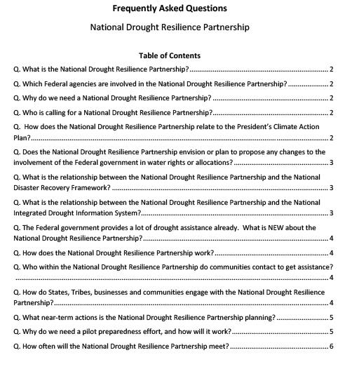 first page of six-pager on National Drought Resilience partnership, primarily featuring an FAQ