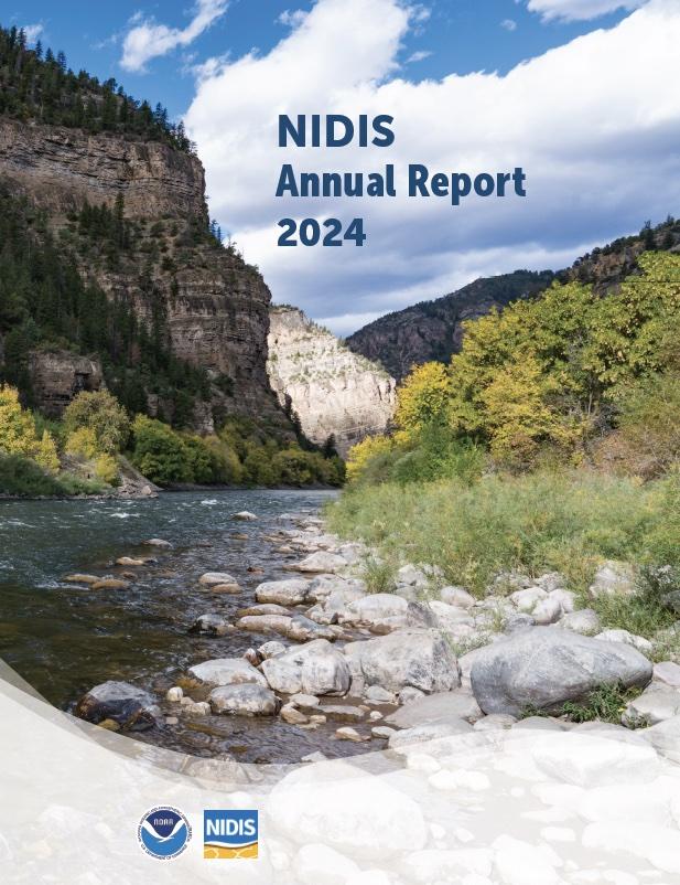 Cover page of the 2024 NIDIS Annual Report. The cover shows a photo of the Colorado River running through Glenwood Canyon, with the report title overlaid.