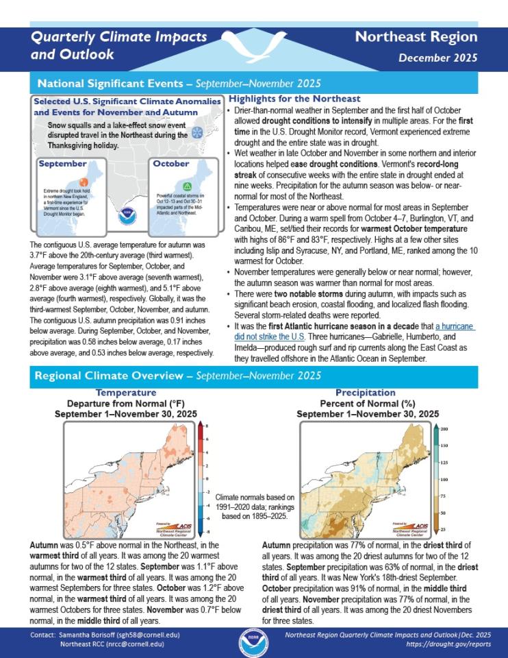 Example image of the quarterly climate impact and outlook report.