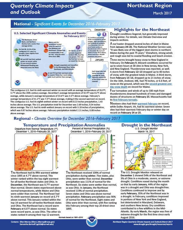 First page of outlook on Quarterly Climate Impacts for the Northeast Region, March 2017