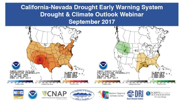 Title slide from presentation on CA-NV webinar opening showing title, two temperature maps of the U.S., and NIDIS, NOAA, California-Nevada Climate Applications Program, U.S. Department of the Interior Bureau of Reclamation, Western Regional Climate Center, Desert Research Institute, Scripps Institution of Oceanography logos on a white background and a dark blue header