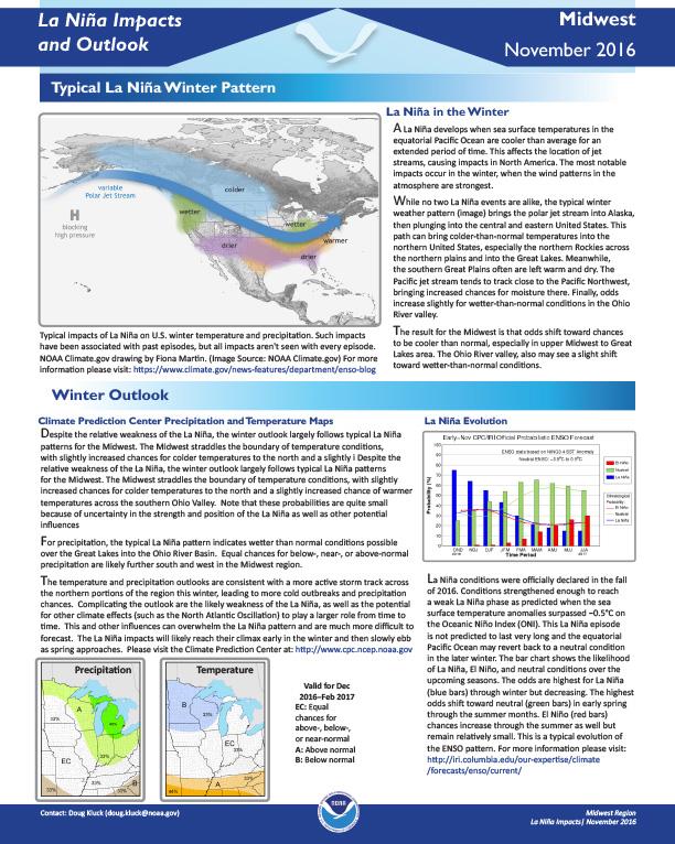 First page of outlook on La Nina Impacts in the Midwest Region, November 2016