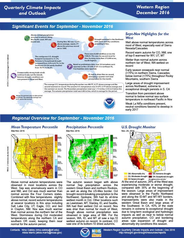 First page of outlook on Quarterly Climate Impacts for the Western Region, December 2016