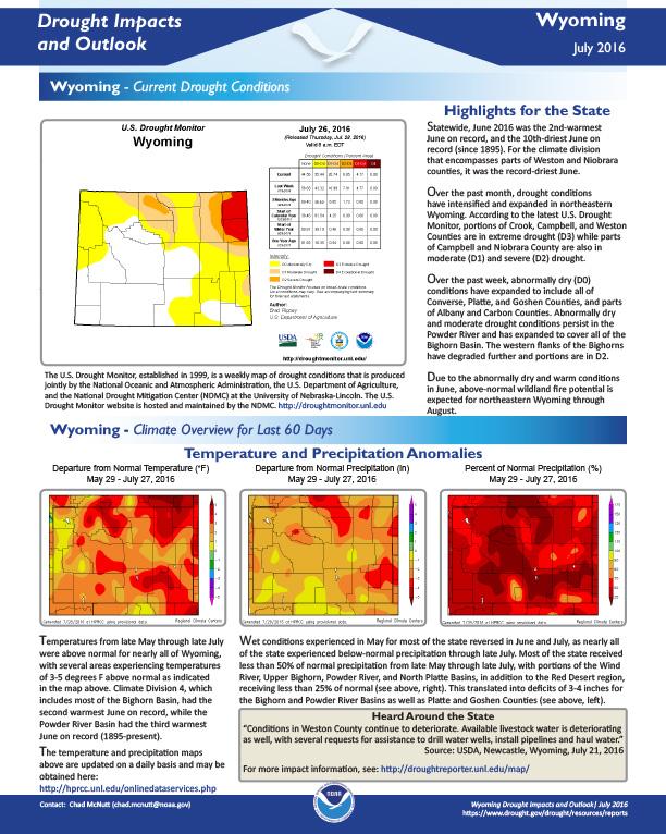 first page of outlook on Drought conditions, temperature and precipitation anomalies, evaporative demand, weather/climate/wildfire for Wyoming, July 2016