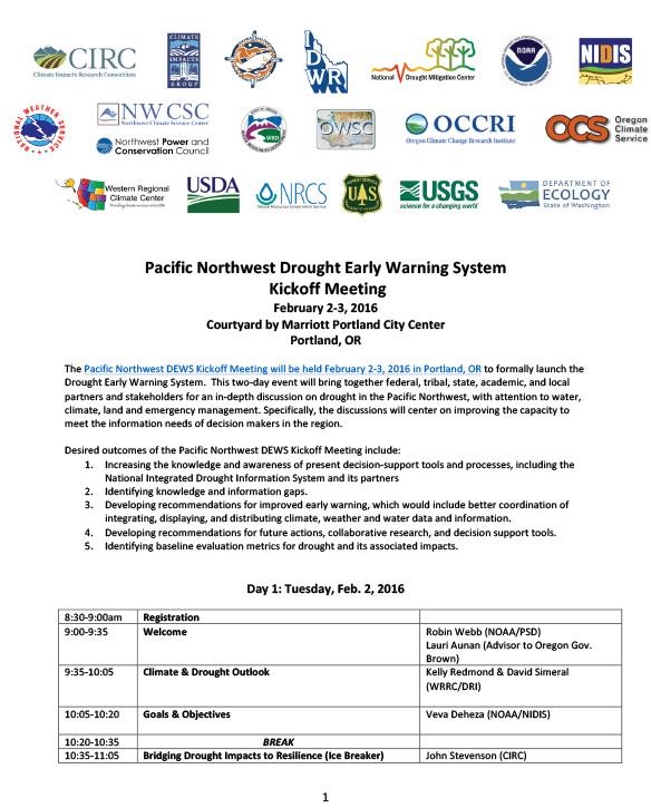 First page of Pacific Northwest DEWS meeting agenda showing title, text, and a variety of logos, including but not limited to the Climate Impacts Research Consortium, Climate Impacts Group, National Drought Mitigation Center, NOAA, NIDIS, National Weather Service, Northwest Climate Science Center, Northwest Power and Conservation Center, Oregon Climate Change Research Institute, Oregon Climate Service, Western Regional Climate Center, USDA, Natural Resources Conservation Service, etc.