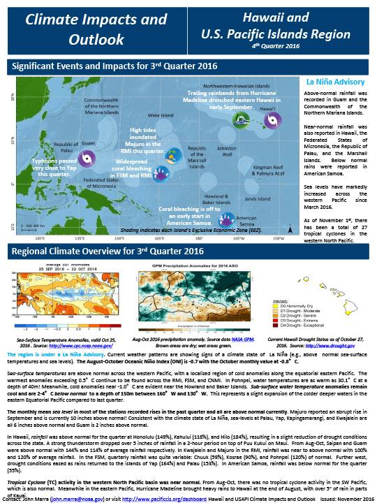 First page of outlook on Quarterly Climate Impacts for the Pacific Region, November 2016 showing title, body text, and images