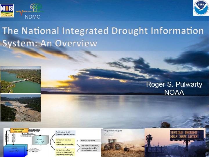 Title slide from presentation on Midwest DEWS Launch: The National Integrated Drought Information System showing logos for NIDIS, NDMC, and NOAA