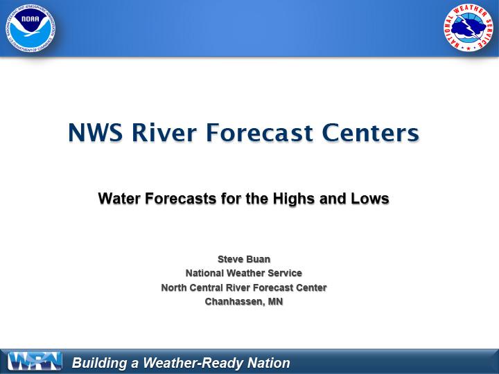 Title slide from presentation on Water Forecasts for the Highs and Lows depicting the NOAA and National Weather Service logos