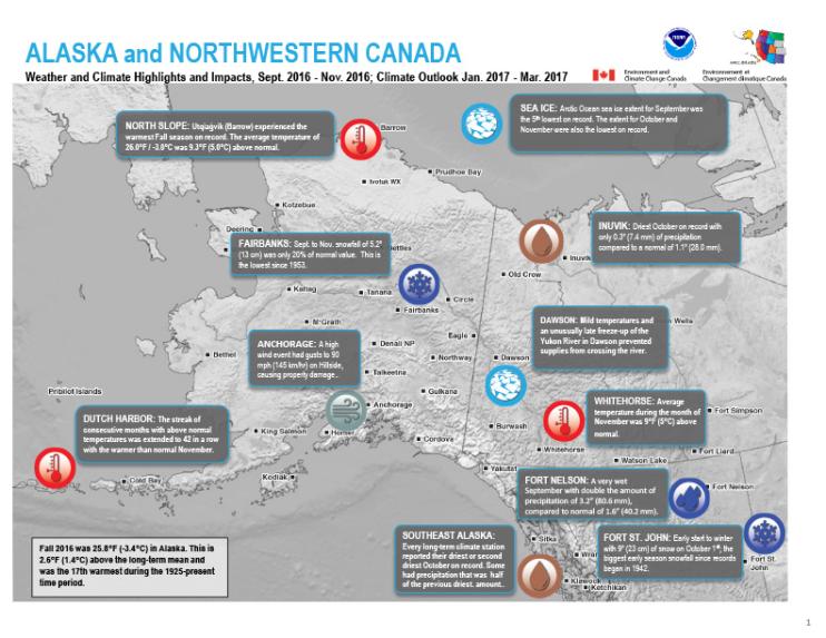 Title slide from presentation on Quarterly Climate Impacts and Outlook for Alaska and Northwestern Canada, December 2016 showing the title, map of Alaska, and the NOAA and Environment and Climate Change Canada logos