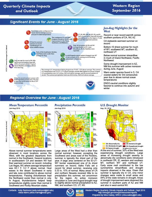first page of outlook on Quarterly Climate Impacts for the Western Region, September 2016