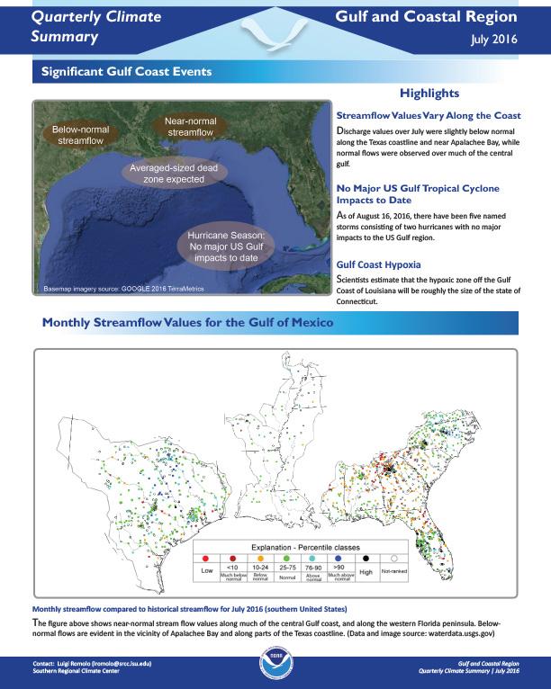 first page of outlook on Quarterly Climate Impacts and Outlook for the Gulf and Coastal Region, July 2016