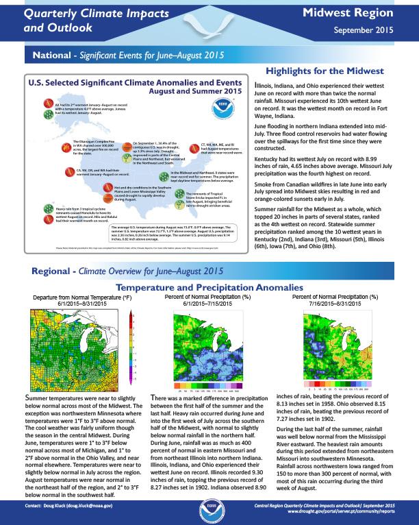 First page of two-pager showing quarterly climate impacts and outlook for the Midwest region