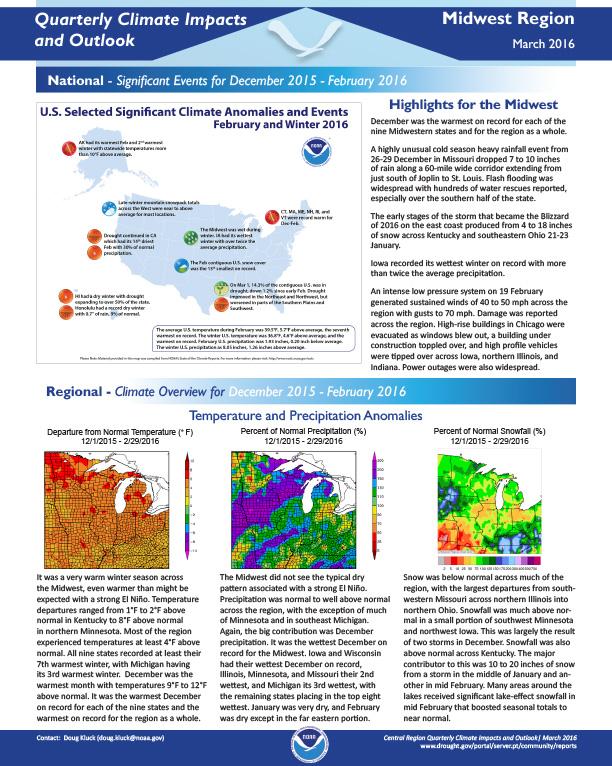 First page of outlook on Quarterly Climate impacts for the Midwest Region, March 2016